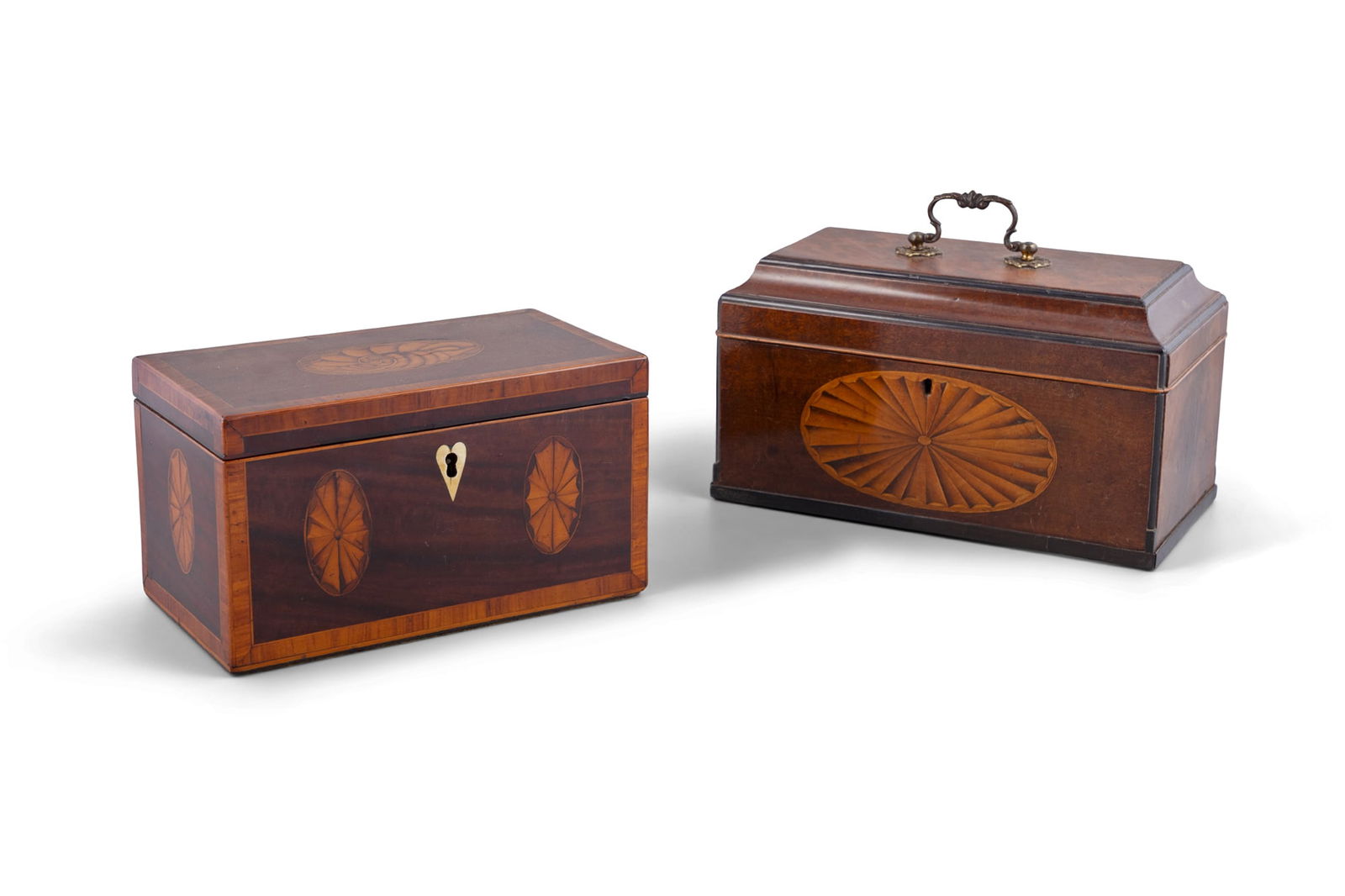 TWO GEORGE III INLAID MAHOGANY TEA-CADDIES, of rectangular shape, each exterior decorated with (1 of 7)