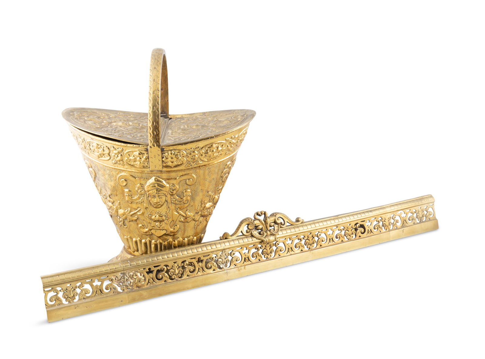 A VICTORIAN DOUBLE-LIDDED BRASS COAL BUCKET, 19TH CENTURY, with repousse motifs of Green Men (1 of 3)