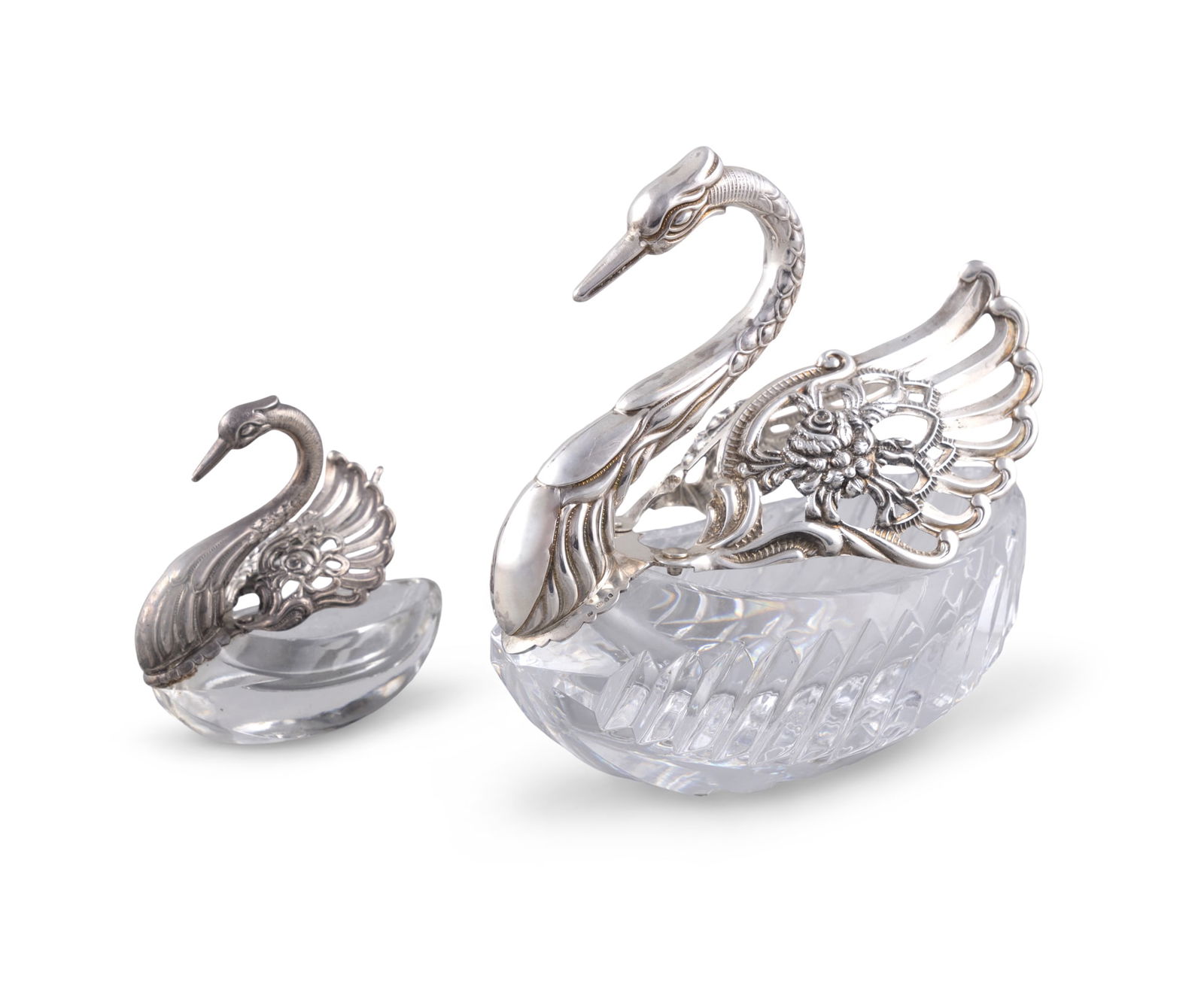 TWO GERMAN CUT-GLASS AND SILVER MOUNTED NOVELTY POT POURRI BOATS, in the form of swans with (1 of 5)