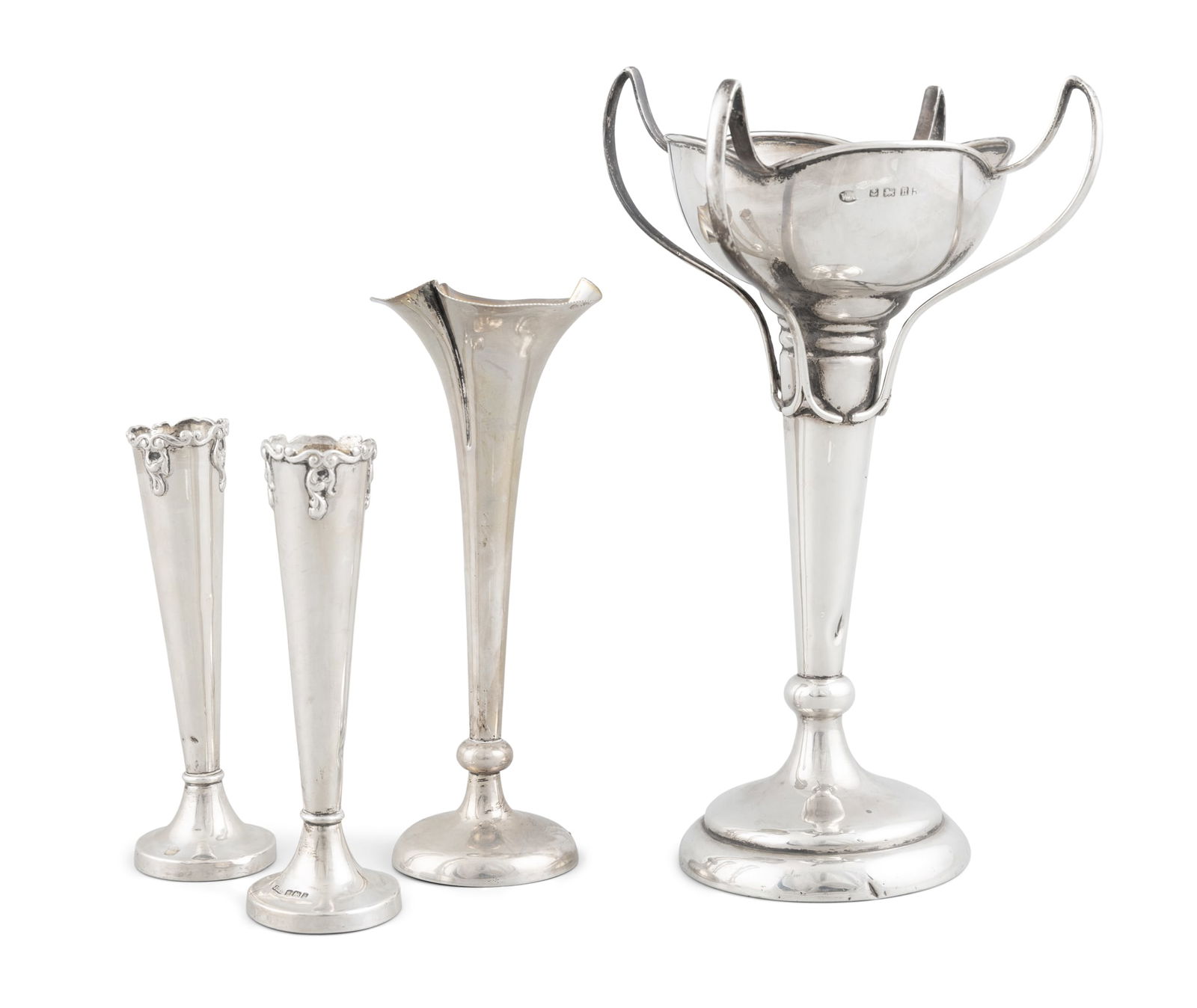 A SELECTION OF SILVER POSY VASES OF VARYING STYLES AND SIZES, EARLY 20TH CENTURY, comprising; a (1 of 3)