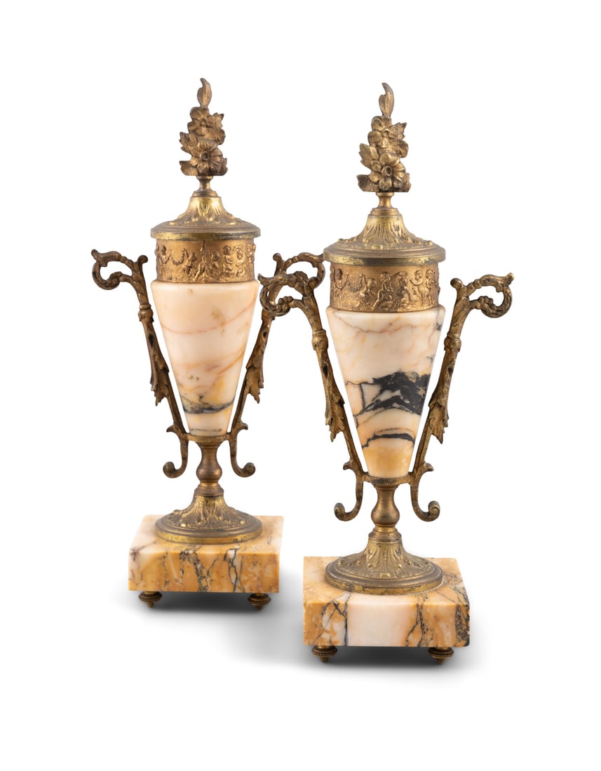 A PAIR OF NEOCLASSICAL STYLE ALABASTER GARNITURES, mounted with brass frieze and floral final (1 of 3)
