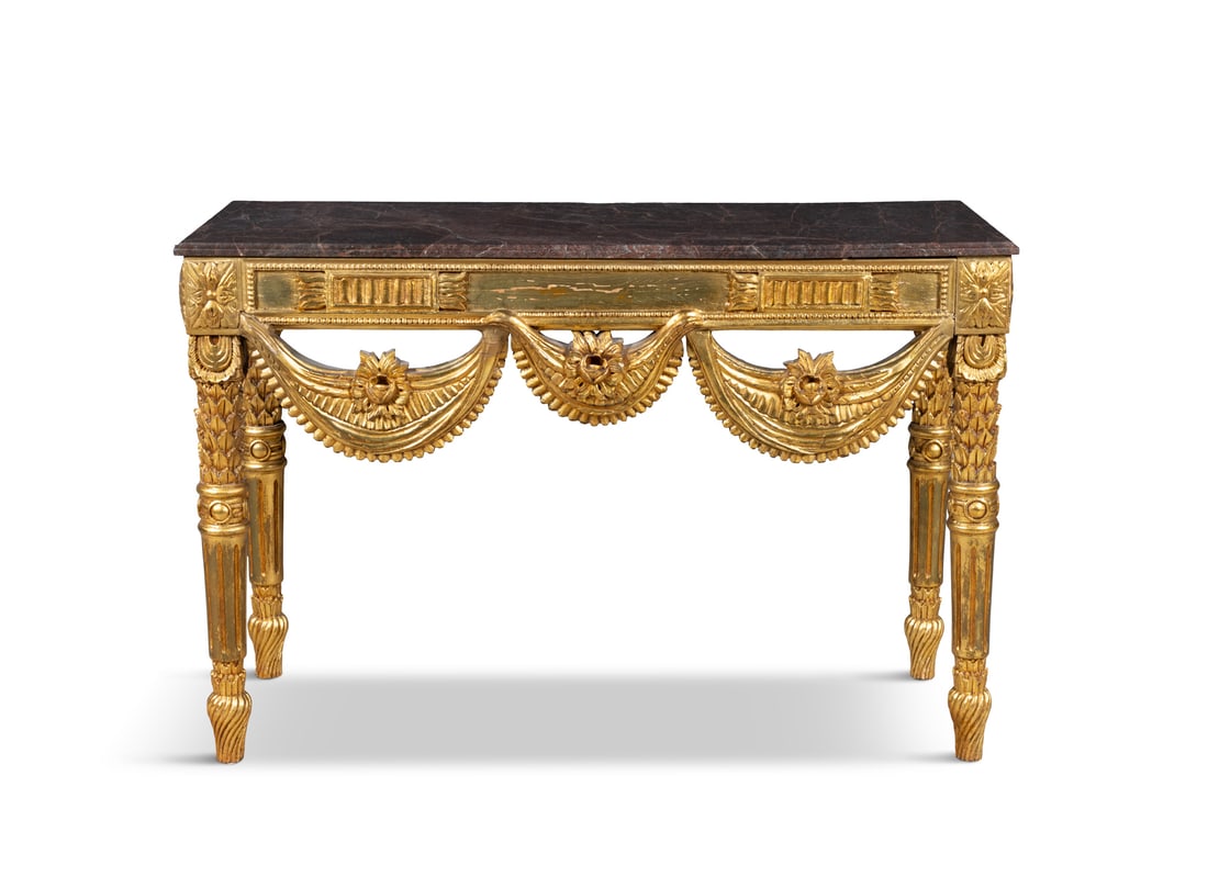 AN ITALIAN GILTWOOD AND MARBLE TOP RECTANGULAR SIDE TABLE of classical design, fitted with red (1 of 6)