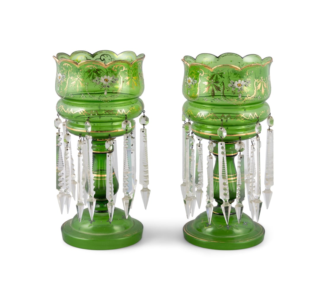 A PAIR OF BOHEMIAN GREEN GLASS LUSTRES VASES, with lobbed rim and parcel gilt floral decoration,: A PAIR OF BOHEMIAN GREEN GLASS LUSTRES VASES, with lobbed rim and parcel gilt floral decoration, hung with rows of icicle cut pendants. Each 36cm high