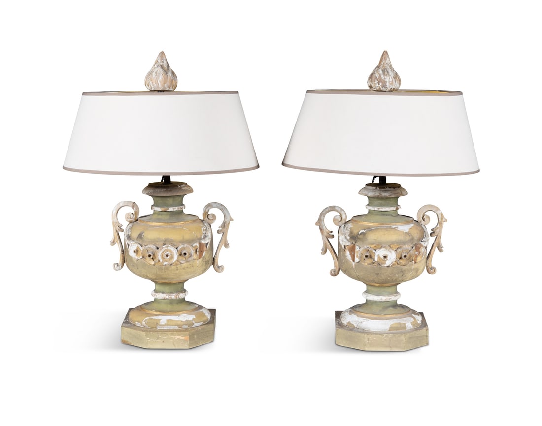 A PAIR OF 19TH CENTURY STYLE GILTWOOD TABLE LAMPS of urn form, with finials, raised on square (1 of 5)