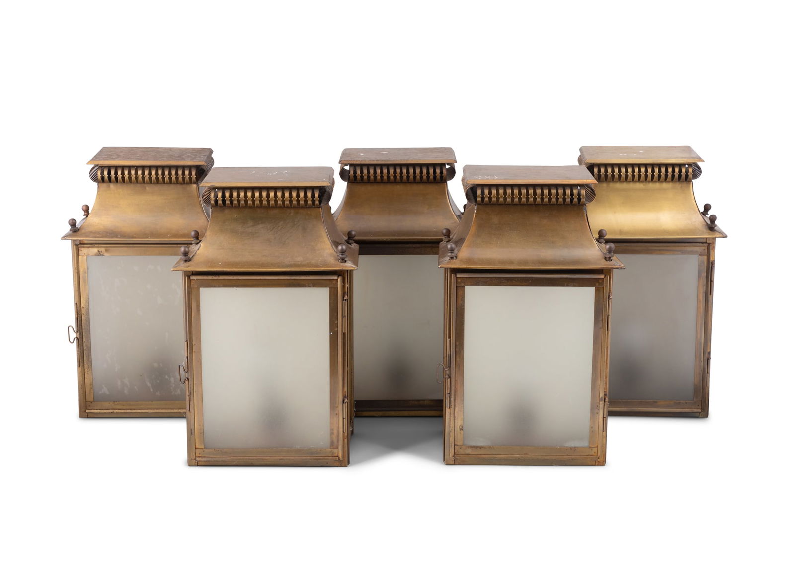 A SET OF FIVE NEOCLASSICAL STYLE BRASS WALL LANTERNS, with frosted glass panels, 38cm x 21cm x: A SET OF FIVE NEOCLASSICAL STYLE BRASS WALL LANTERNS, with frosted glass panels, 38cm x 21cm x 15cmProvenance: Palais Abbatial de Royaumont, sale, Christie's, Paris, 19-21 September 2011, lot 504 (pri
