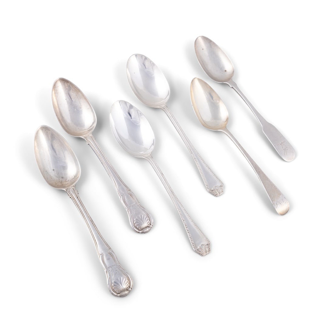 A COLLECTION OF SIX SILVER DESSERT SPOONS, comprising: - a pair of spoons with beaded rim, (1 of 6)