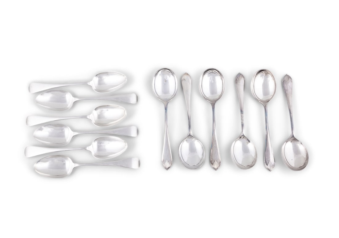 A COLLECTION OF TWELVE 20TH CENTURY SHEFFIELD SILVER SPOONS, comprising: - six silver soup spoons,: A COLLECTION OF TWELVE 20TH CENTURY SHEFFIELD SILVER SPOONS, comprising: - six silver soup spoons, Sheffield c.1972, maker's mark of James Pixon, 18cm long - six silver table spoons, Sheffield c.1916,