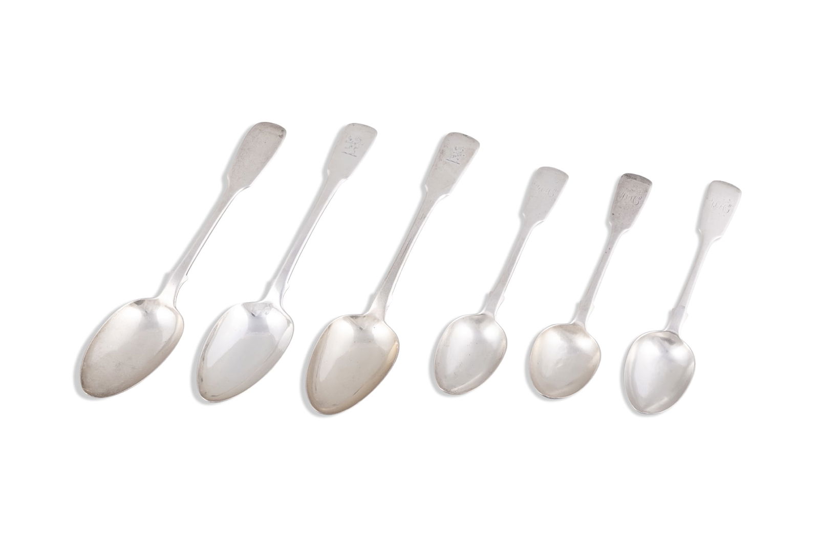 A COLLECTION OF SIX SILVER FIDDLE PATTERN SPOONS, comprising: - three serving spoons, London 1807, (1 of 4)