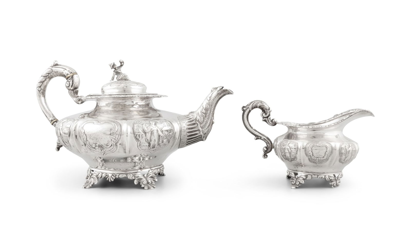 A VICTORIAN IRISH SILVER TEA POT AND CREAMER IN THE CHINOISERIE TASTE,  Dublin 1841, maker's mark of (1 of 8)