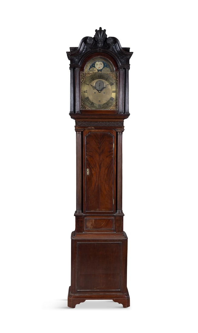 A GEORGE III MAHOGANY LONGCASE CLOCK, the brass dial with phases of the moon, the movement (1 of 5)