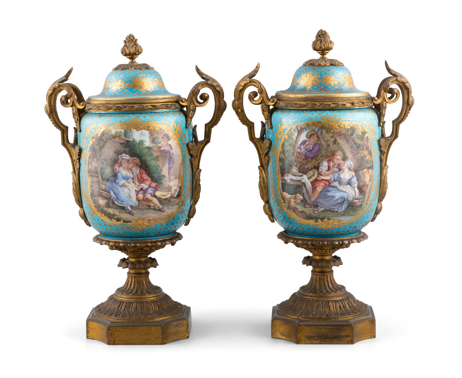 A PAIR OF FRENCH PORCELAIN AND GILT METAL MOUNTED VASES AND COVERS IN THE MANNER OF LOUIS XVI, each (1 of 4)
