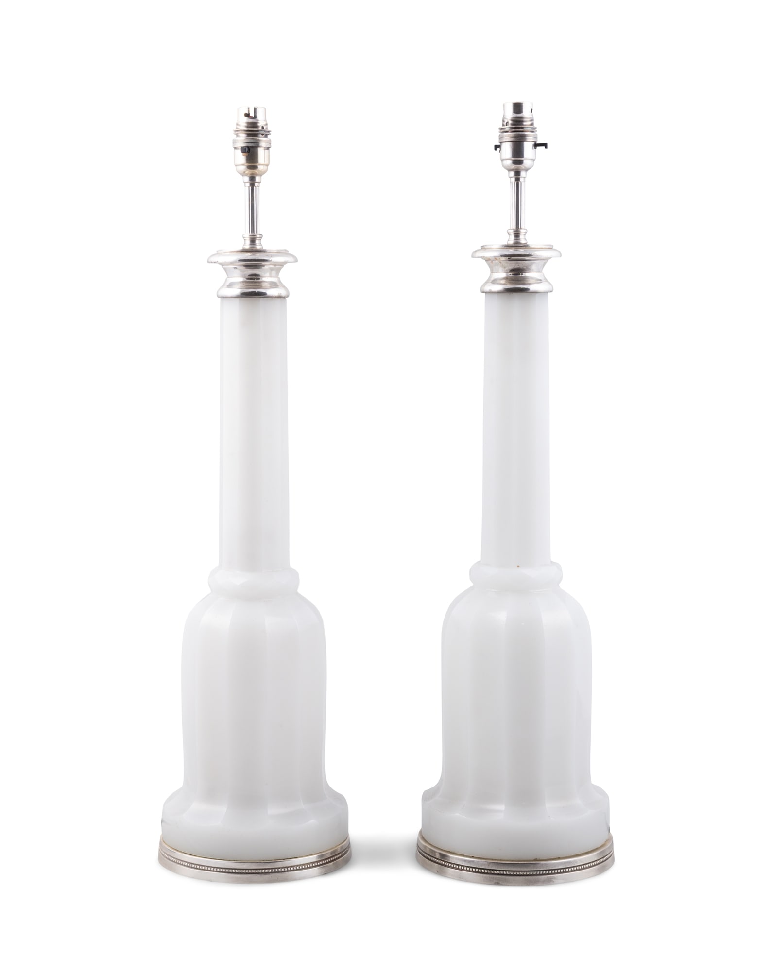 A PAIR OF OPALINE GLASS FACETED MALLET SHAPED LAMPS, with white metal mounts, 63cm high: A PAIR OF OPALINE GLASS FACETED MALLET SHAPED LAMPS, with white metal mounts, 63cm high