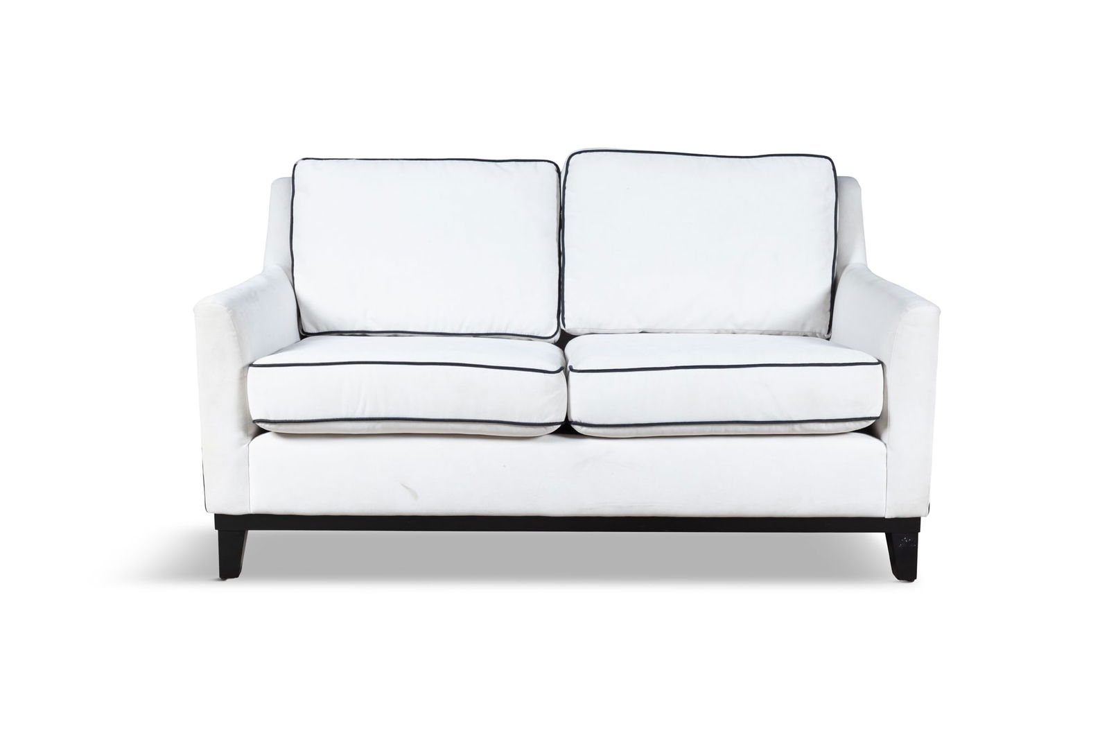 A MODERN CREAM UPHOLSTERED TWO SEAT SETTEE, Ebonised frame fitted with loose set cushions with (1 of 4)