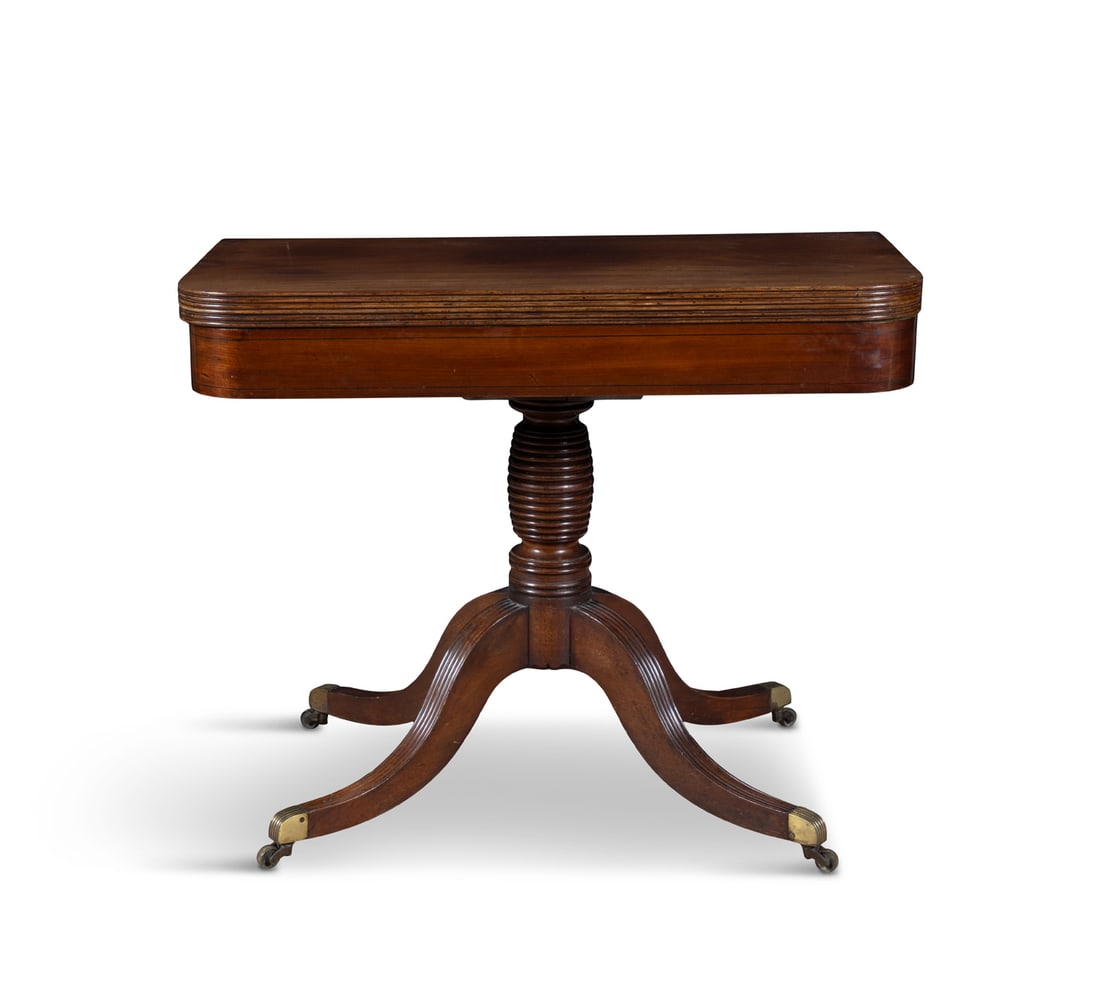 A GEORGE IV MAHOGANY FOLD-OVER TEA TABLE, with plain rectangular top and rounded corners, reeded (1 of 5)