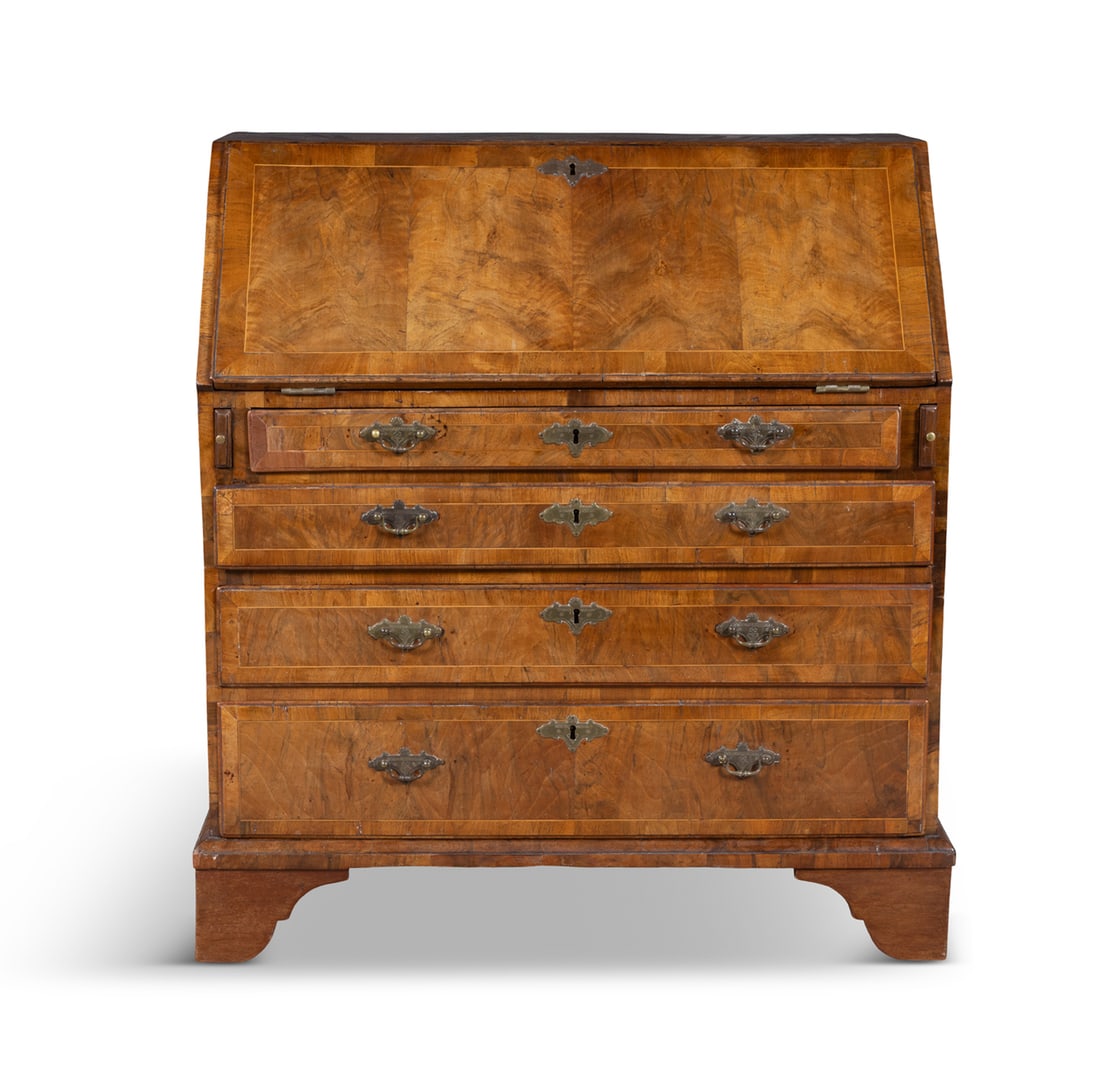 A GEORGE III SLOPEFRONT WALNUT AND SATINWOOD INLAID BUREAU, with fall-front section enclosing a (1 of 5)