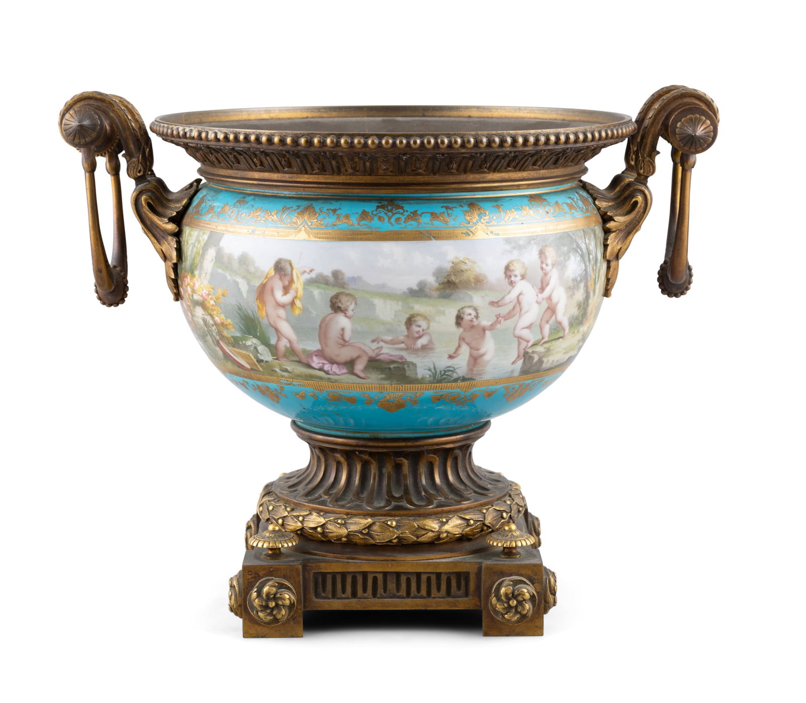 A BRASS AND GILT-METAL MOUNTED CACHE-POT JARDINIERE, 19TH CENTURY, with porcelain bowl and metal (1 of 5)