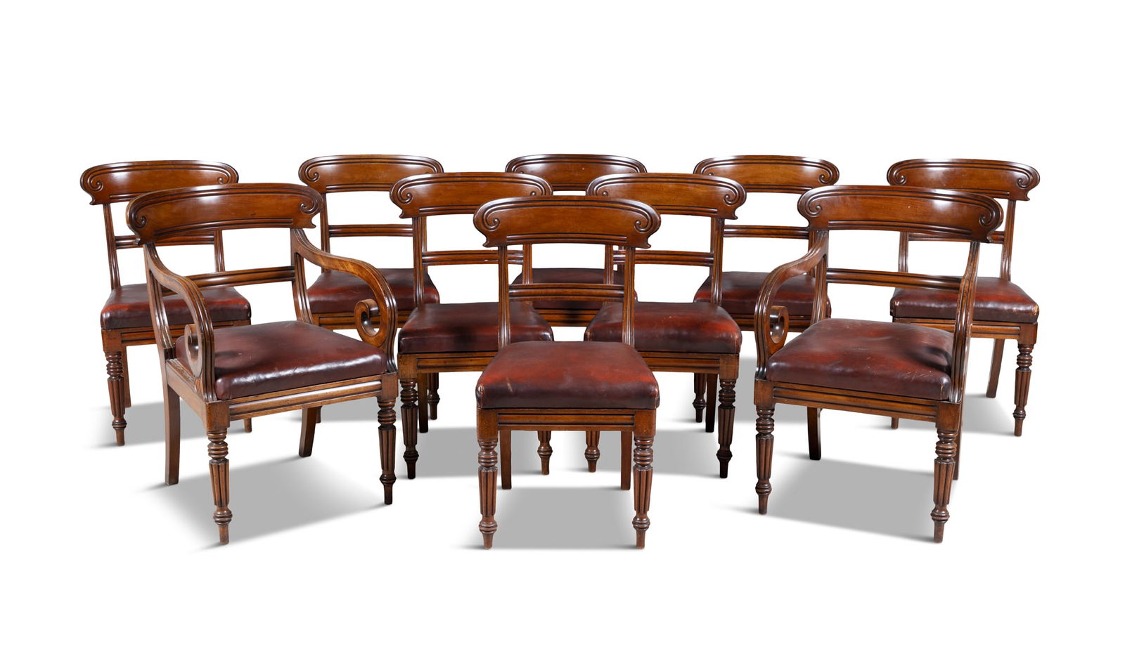 A SET OF TWELVE WILLIAM IV MAHOGANY RAIL-BACK DINING CHAIRS, with drop-in upholstered seats in (1 of 6)