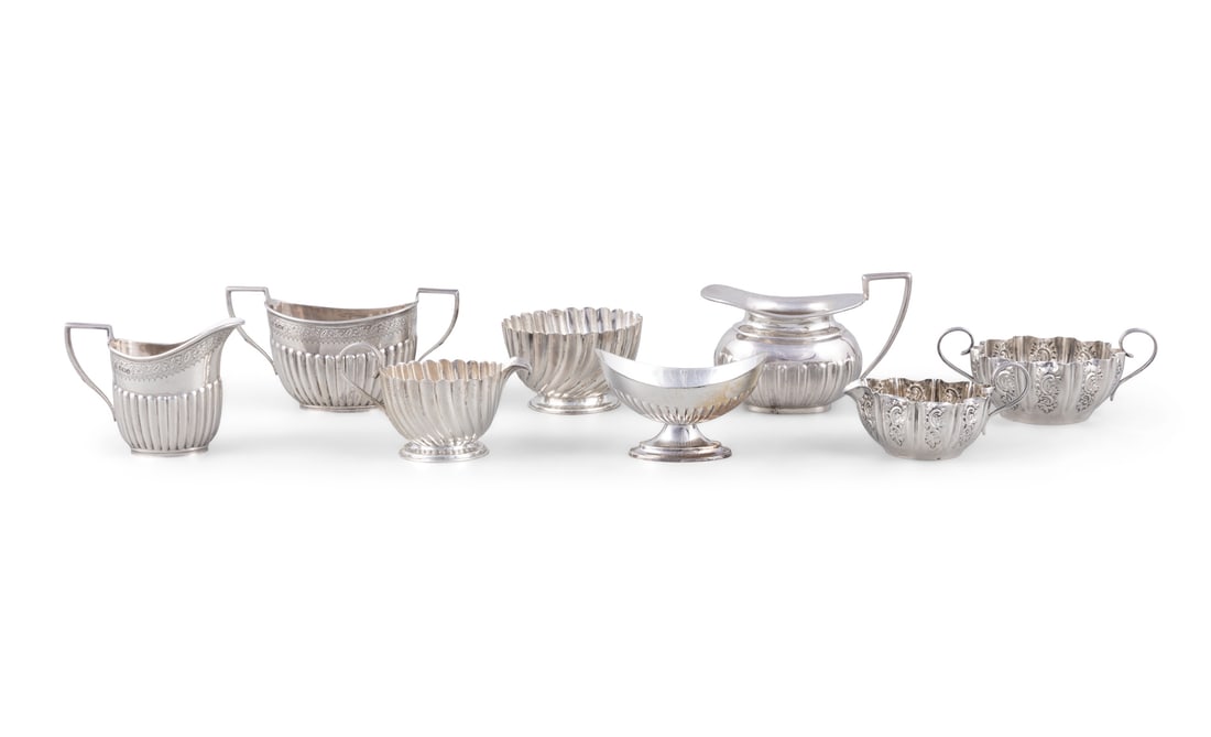 A COLLECTION OF SILVER CREAM JUGS AND SUGAR BOWLS, (three sets and two additional pieces) (c.18 (1 of 4)