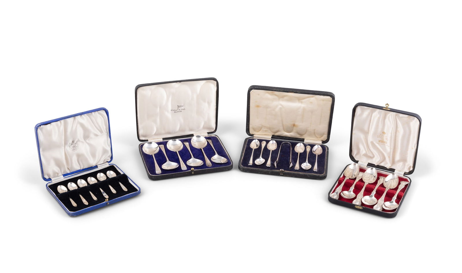 A COLLECTION OF FOUR CASED SILVER SPOONS, - 6 silver dessert spoons, Sheffield 1972 - 6 silver: A COLLECTION OF FOUR CASED SILVER SPOONS, - 6 silver dessert spoons, Sheffield 1972 - 6 silver teaspoons and a sugar nips, Sheffield 1919 - 6 silver teaspoons, Sheffield 1926 - 6 silver Queens pattern