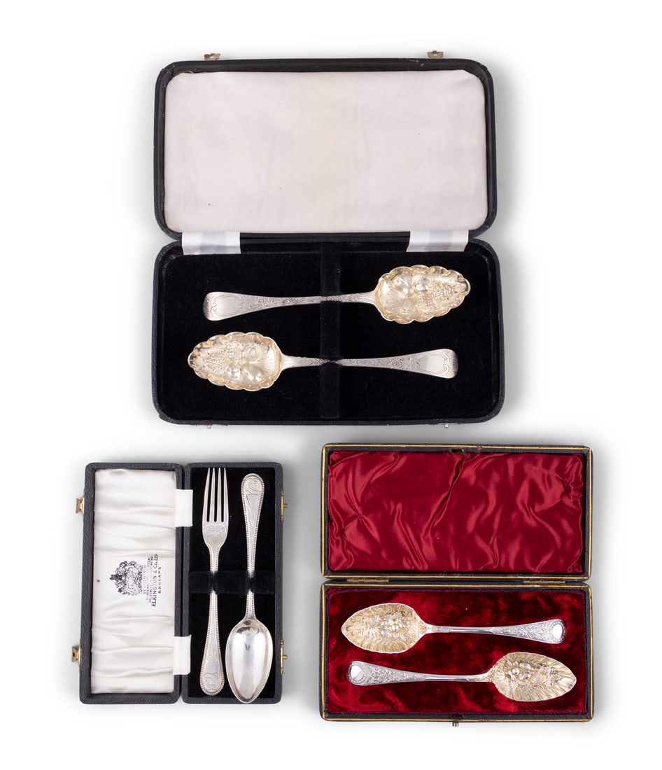 THREE CASES OF SILVER & SILVER PLATED FLATWARE, comprising: - a pair of George III silver berry (1 of 5)
