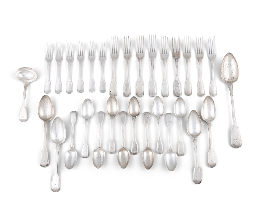 A MATCHED CANTEEN OF SILVER FIDDLE AND THREAD PATTERN FLATWARE, London 1805 & 1821, 1850, 1851, (1 of 6)