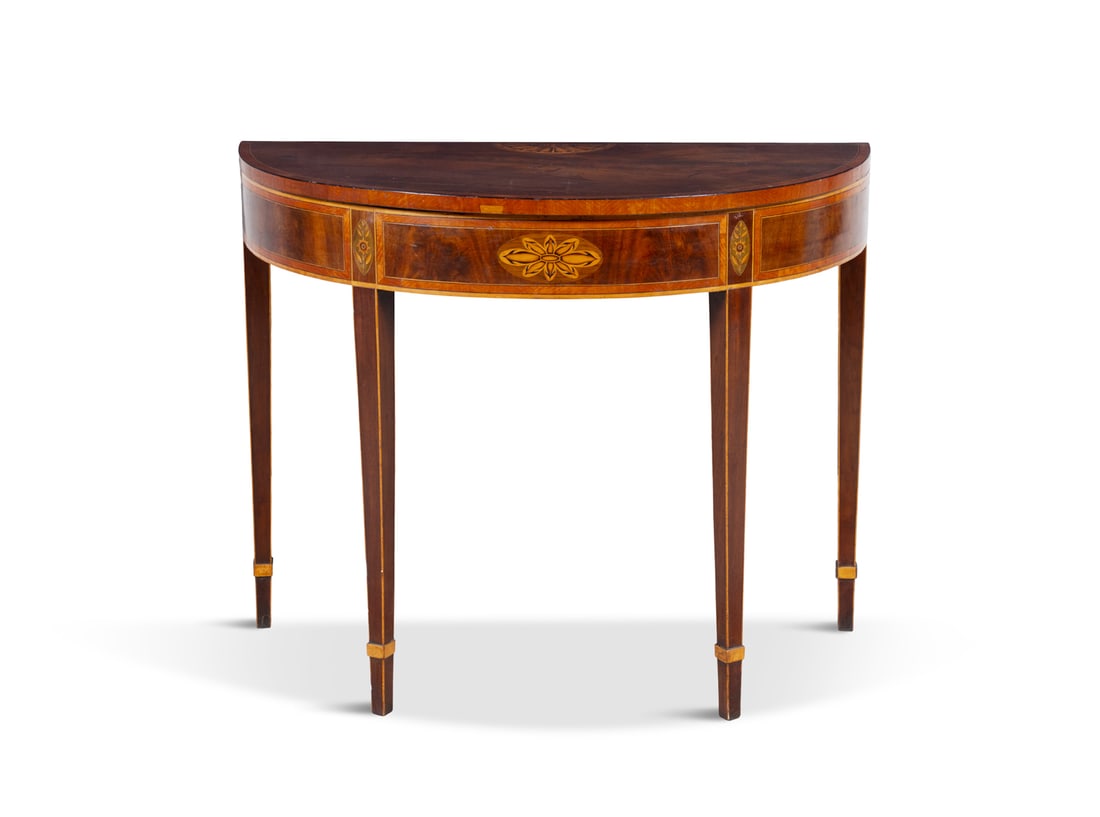A GEORGE III MAHOGANY AND SATINWOOD BANDED FOLD TOP CARD TABLE the D-shaped top with sunburst (1 of 5)