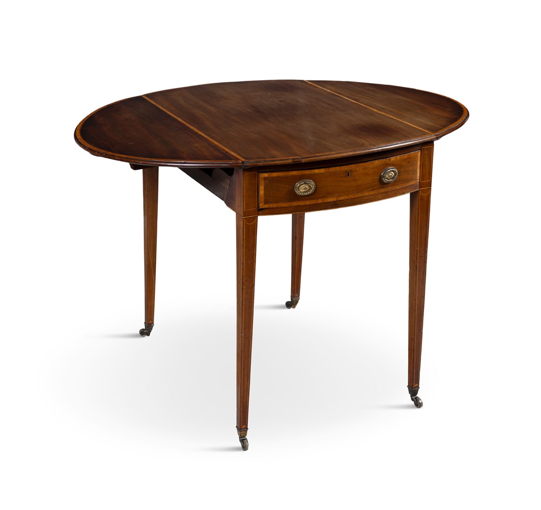 A GEORGE III INLAID MAHOGANY PEMBROKE TABLE C.1800 extending to an oval shape, with twin drop-leaf (1 of 6)