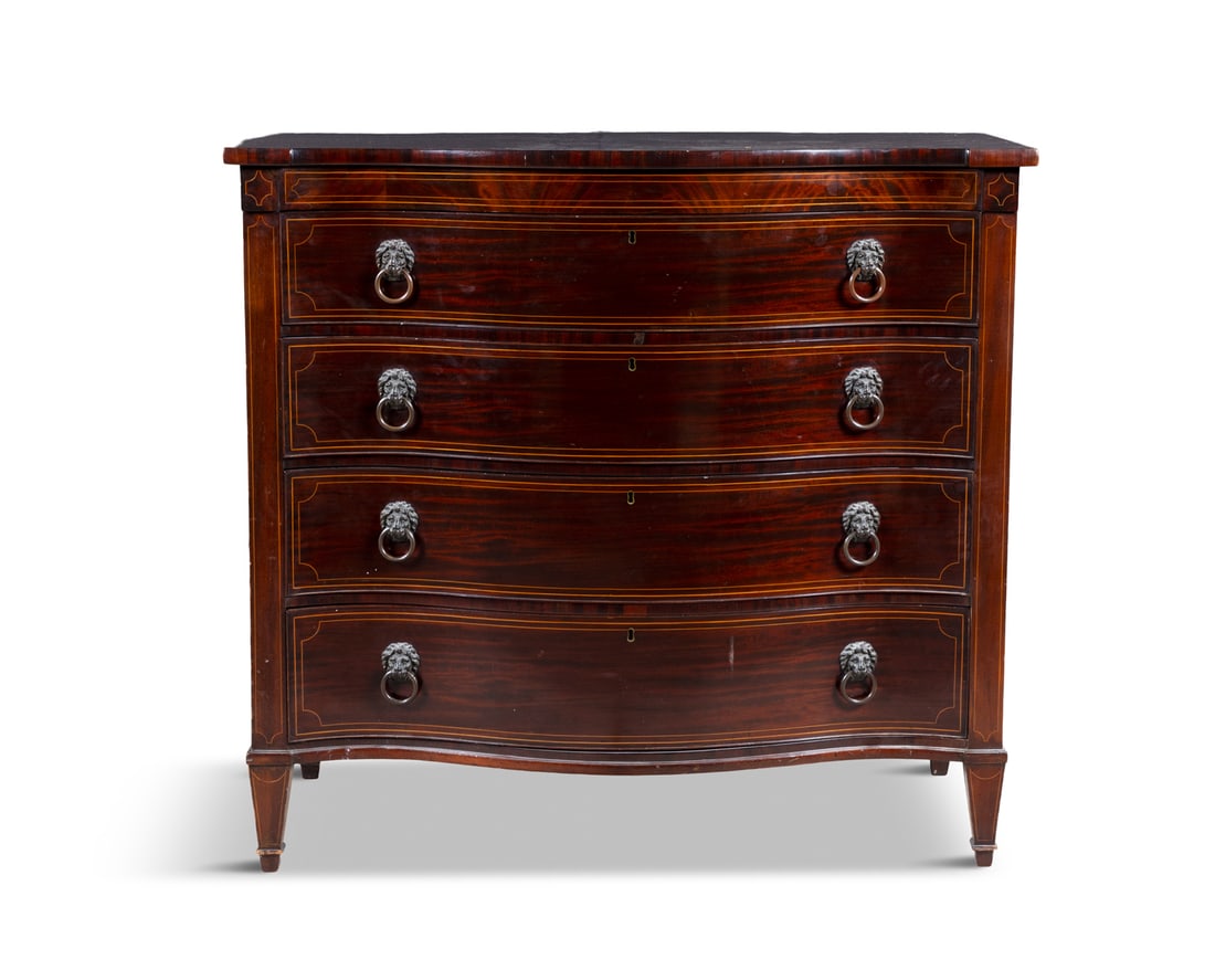 A GEORGE IV INLAID MAHOGANY SERPENTINE FRONT CHEST of rectangular form, the four graduated drawers (1 of 6)