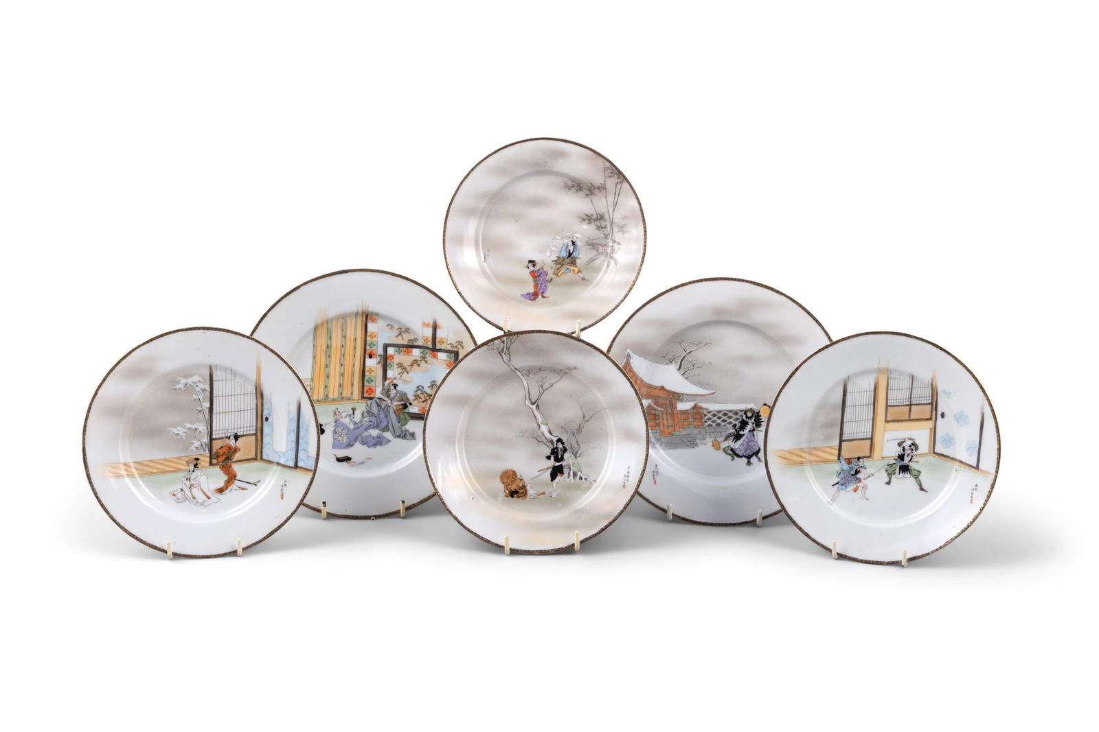A COLLECTION OF SIX JAPANESE EGG SHELL PORCELAIN PLATES with gilt highlights, each individually (1 of 10)