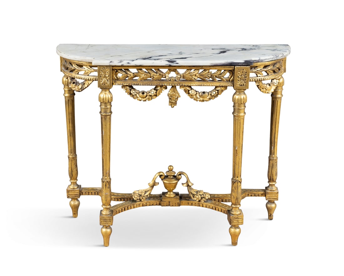 A GILTWOOD AND MARBLE TOPPED CONSOLE TABLE of breakfront form, the variegated marble top over (1 of 6)