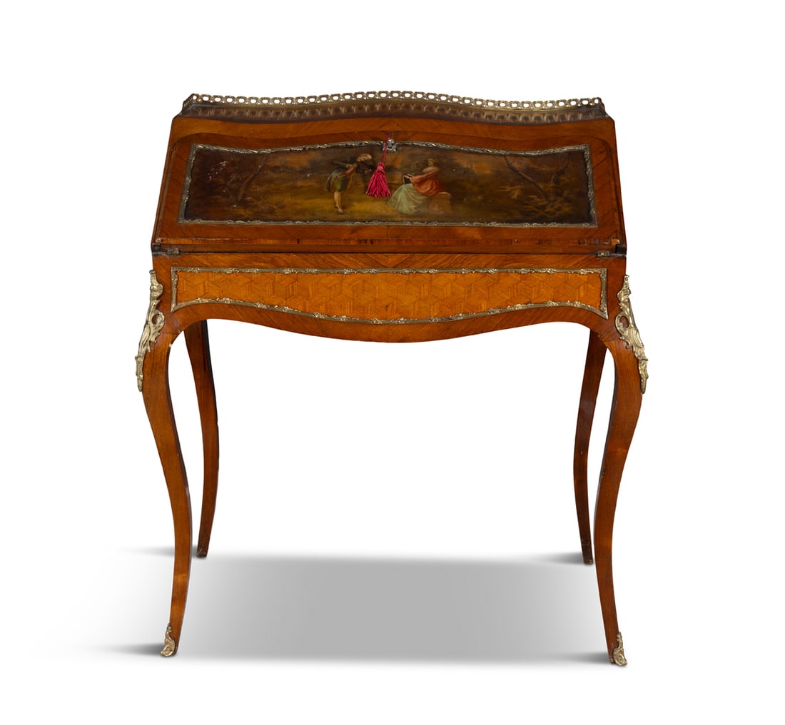 A LOUIS QUINZE STYLE WALNUT AND KINGWOOD MARQUETRY BUREAU DU DAME, the slope front painted with a (1 of 5)