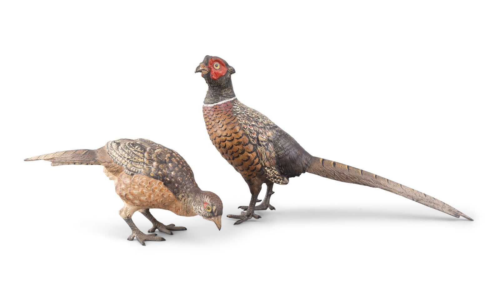 TWO AUSTRIAN COLD PAINTED BRONZE PHEASANTS in the manner of Franz Bergmann, the male modelled (1 of 3)