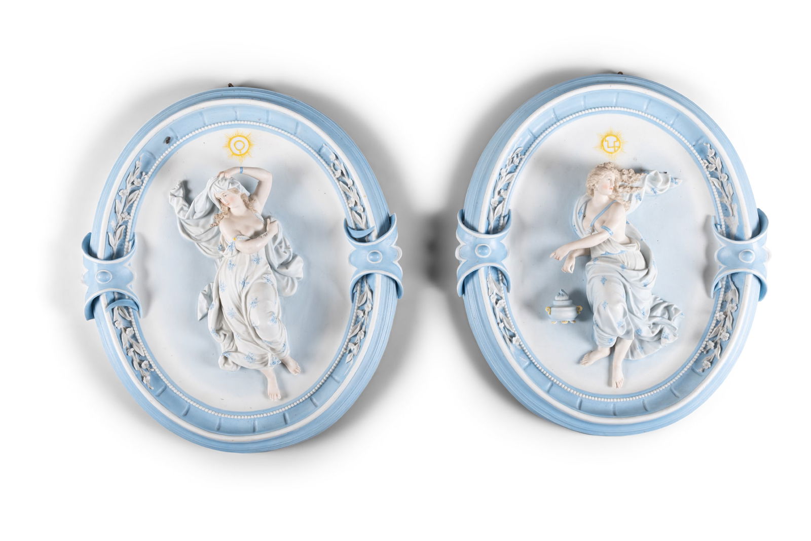 A PAIR OF FRENCH BLUE AND WHITE BISQUE PORCELAIN FIGURAL WALLA PANELS, 19TH CENTURY 44 x 38cm: A PAIR OF FRENCH BLUE AND WHITE BISQUE PORCELAIN FIGURAL WALLA PANELS, 19TH CENTURY 44 x 38cm