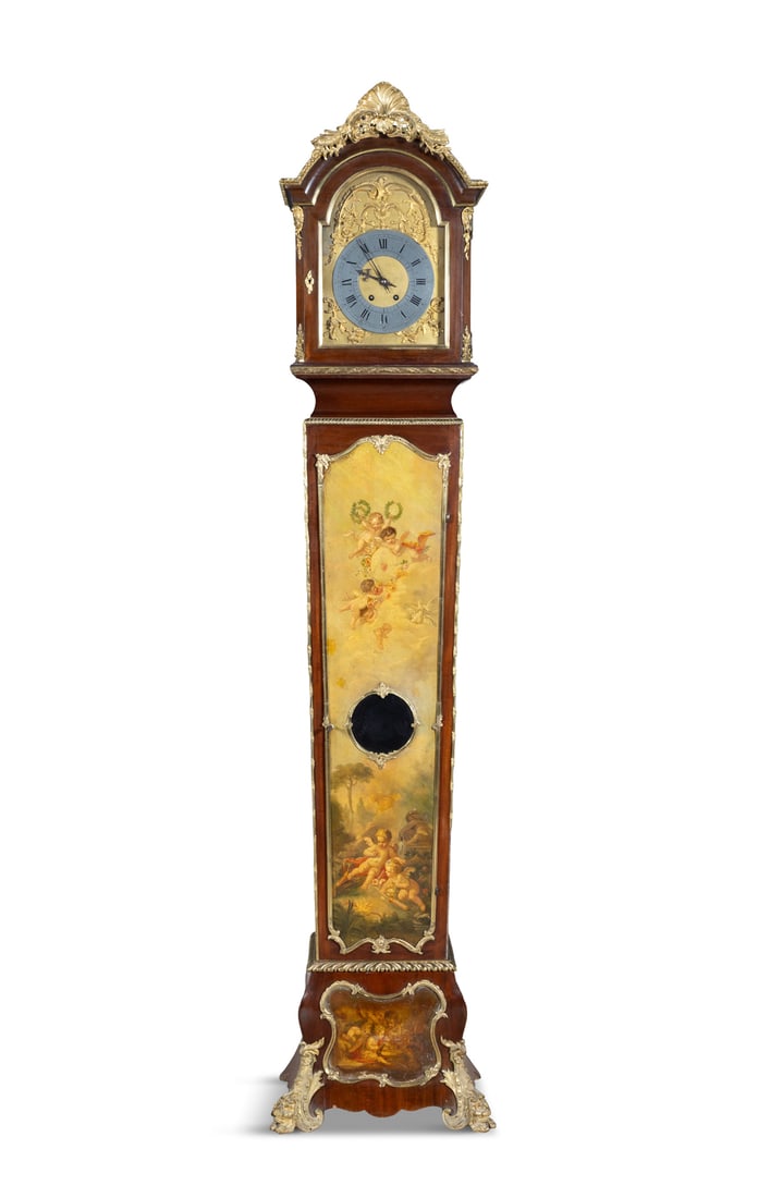 A LOUIS QUINZE STYLE ORMOLU MOUNTED MAHOGANY LONGCASE CLOCK, the arch top hood enclosing a steel (1 of 4)