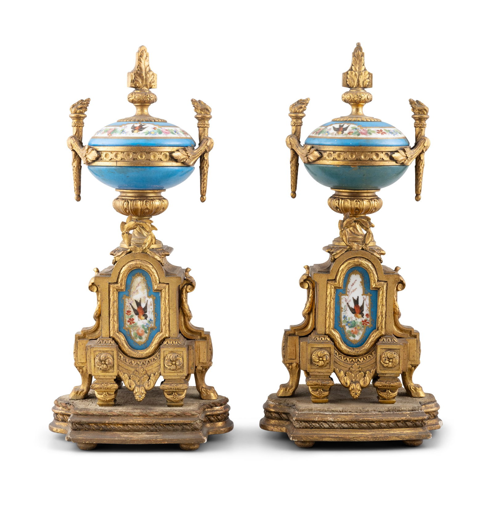 A PAIR OF NEOCLASSICAL GILT METAL MOUNTED AND PORCELAIN GARNITURES, LATE 19TH CENTURY, the (1 of 4)