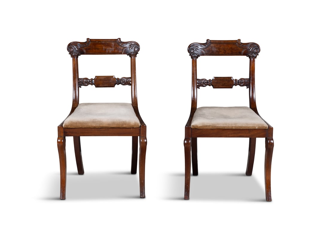 A PAIR OF REGENCY ROSEWOOD DINING CHAIRS carved scrollwork crest rail, with acanthus carved tablet (1 of 4)