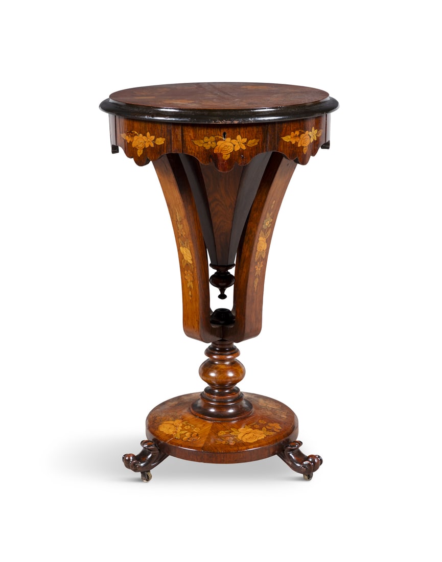 A VICTORIAN WALNUT AND MARQUETRY INLAID WORK TABLE, of circular form, the lift top decorated with (1 of 7)