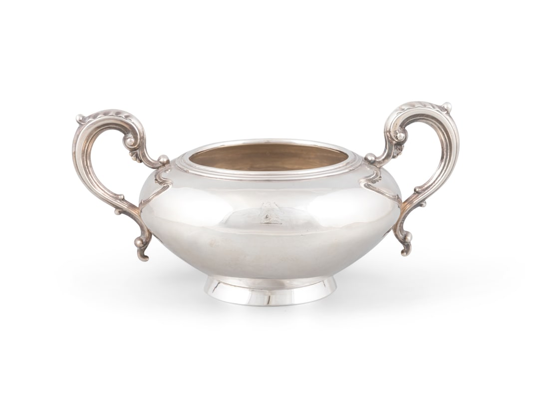 AN IRISH VICTORIAN SILVER TWO HANDLED SUGAR BOWL  Dublin c.1844, lacking makers mark, of compressed (1 of 3)