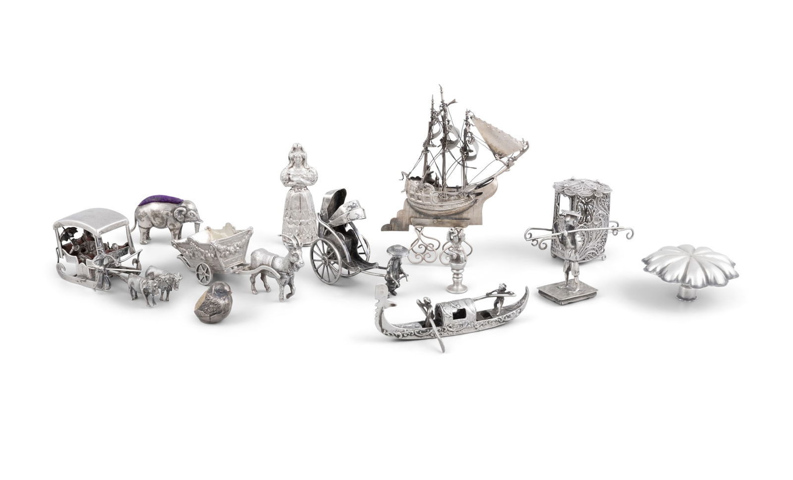 A COLLECTION OF SILVER OBJETS DE VERTU AND MINIATURE FIGURINES including a Dutch silver three-mast (1 of 6)