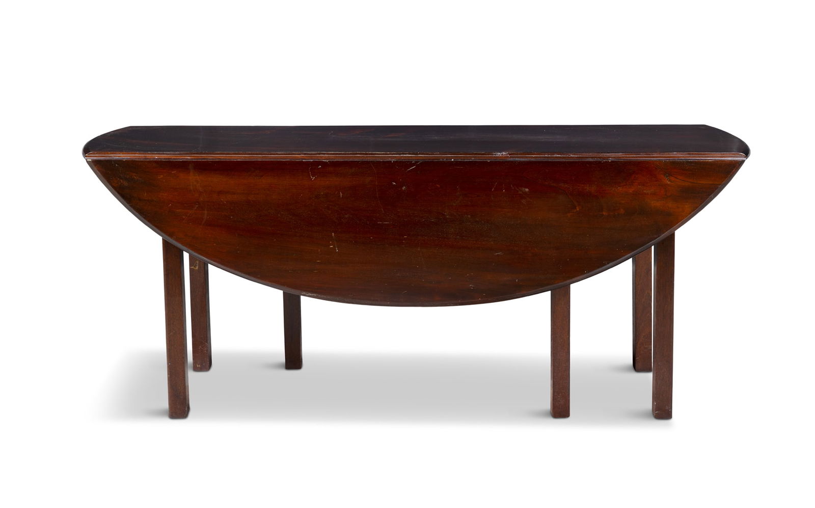 A GEORGIAN STYLE MAHOGANY HUNT TABLE, C.1900 extending to oval form the solid panel top with drop (1 of 3)