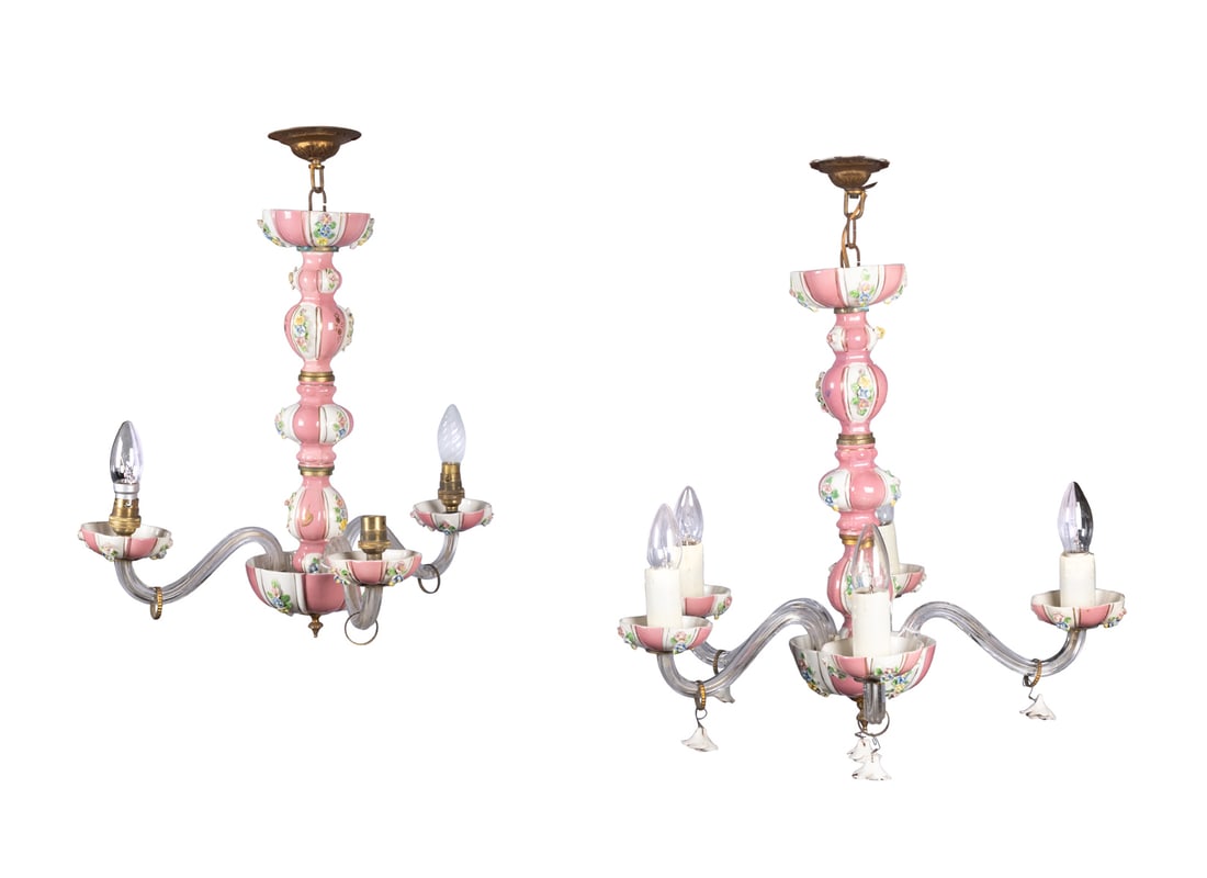 TWO SEVRES STYLE PINK AND WHITE PORCELAIN CHANDELIERS one five branch, the other three branch,: TWO SEVRES STYLE PINK AND WHITE PORCELAIN CHANDELIERS one five branch, the other three branch, lobed baluster centre columns in pink and white toned with encrusted floral decoration, with moulded glas