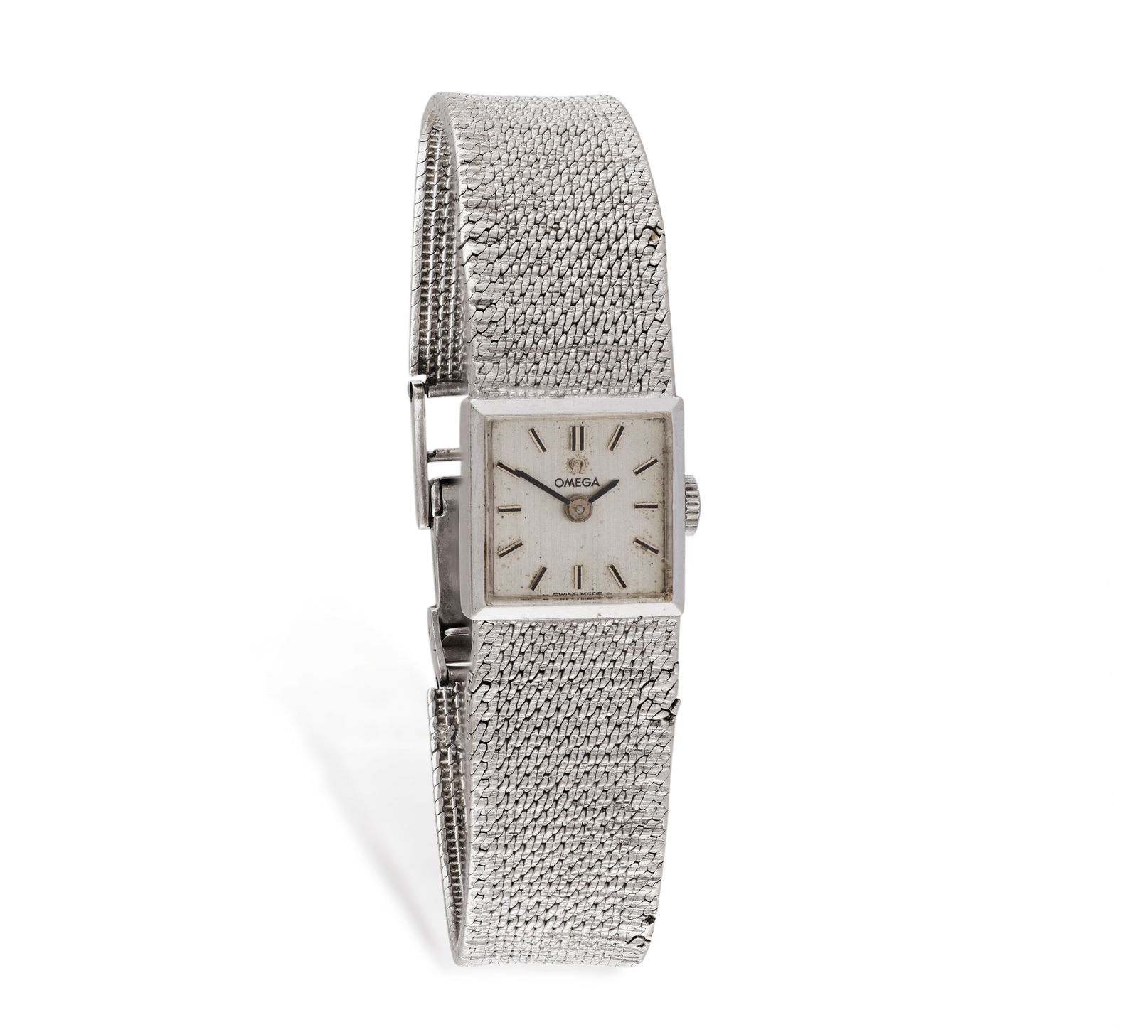OMEGA: A LADY’S WRISTWATCH Mechanical movement, the square textured silvered dial with baton  (1 of 1)