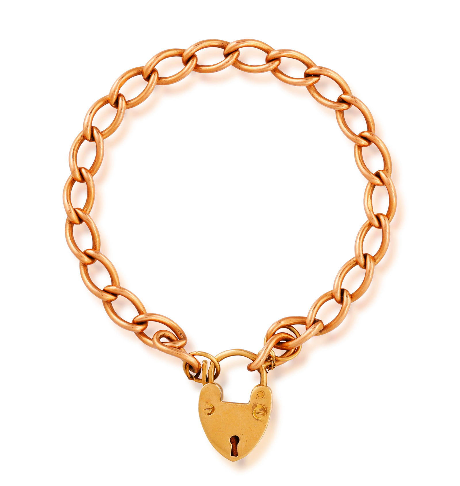 A GOLD BRACELET Composed of a curb-link chain, to a heart-shaped padlock clasp, in 9K gold, Irish h (1 of 3)
