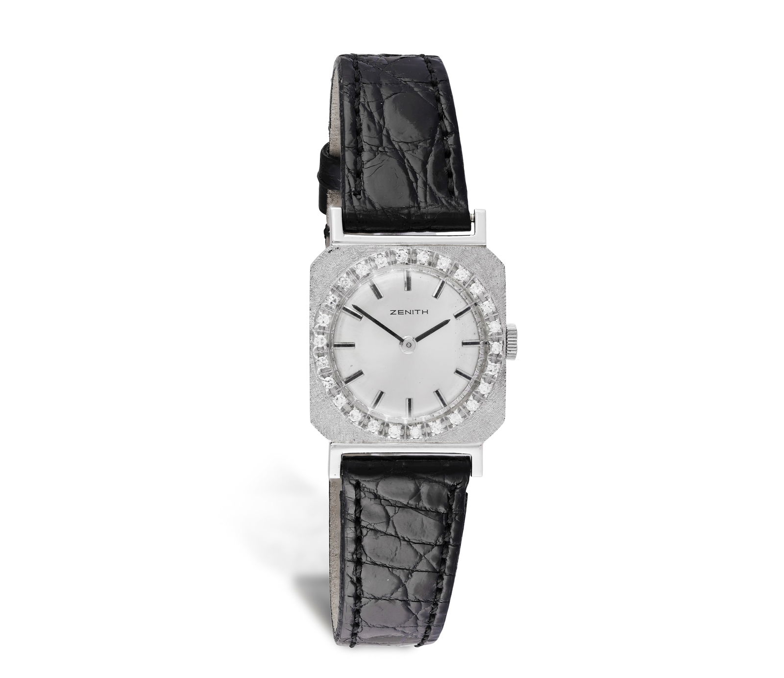 ZENITH: A LADY’S DIAMOND WRISTWATCH Mechanical manual winding movement, the silvered dial wi: ZENITH: A LADY’S DIAMOND WRISTWATCH Mechanical manual winding movement, the silvered dial with baton hour indicators and arrow-shaped hands, within a bezel set with single-cut diamonds, to a tex