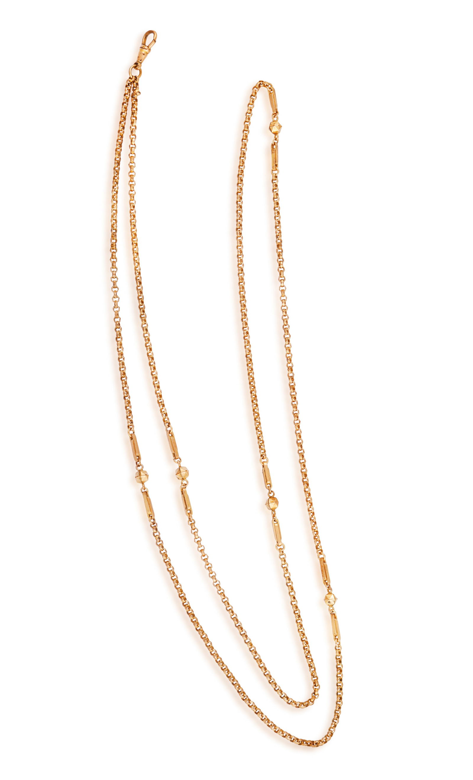 A GOLD CHAIN NECKLACE Of faceted cable-link chain design, interspersed with faceted beads and fette (1 of 2)