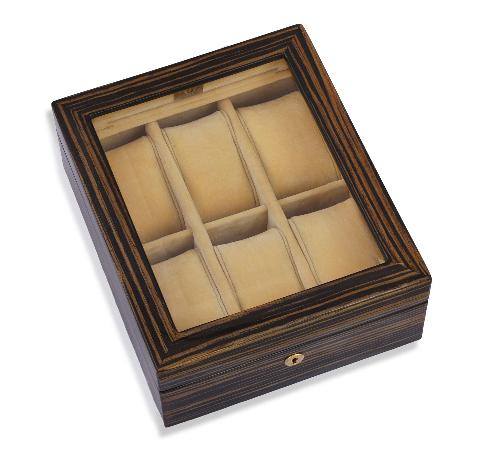 A WATCH CASE The display box with polished wood finish, glass lid on top and a lock at the front,  (1 of 3)