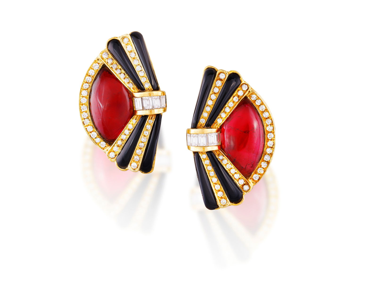 A PAIR OF TOURMALINE, ONYX AND DIAMOND EARCLIPS * two fancy-cut cabochon tourmalines * cabochon onyx: A PAIR OF TOURMALINE, ONYX AND DIAMOND EARCLIPS * two fancy-cut cabochon tourmalines * cabochon onyx plaques * brilliant and baguette-cut diamonds, approx.1.60cts total * mounted in 18K gold * Italian