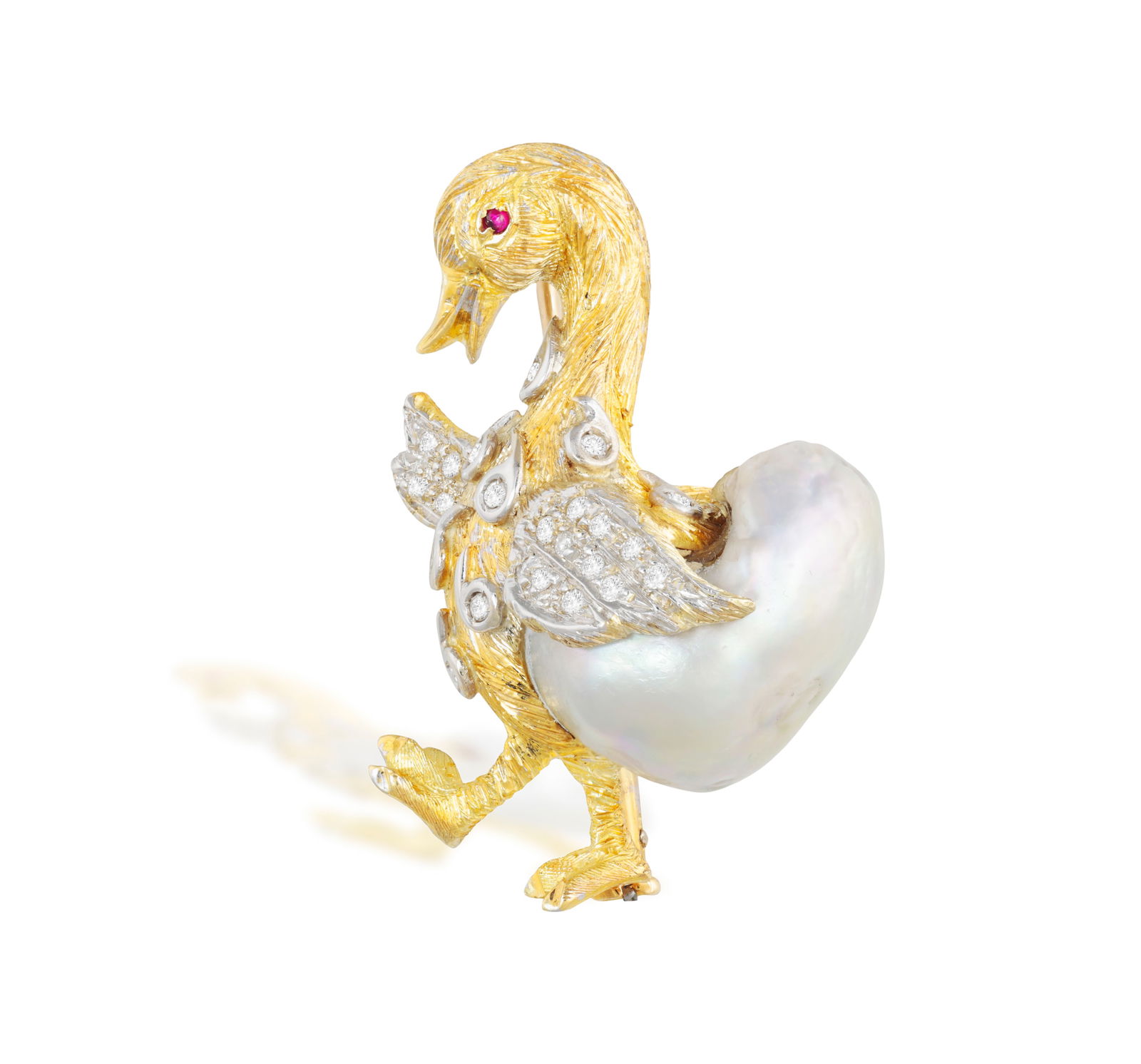 FÜRST: A CULTURED PEARL, DIAMOND AND RUBY NOVELTY BROOCH * one baroque-shaped cultured pearl * (1 of 3)
