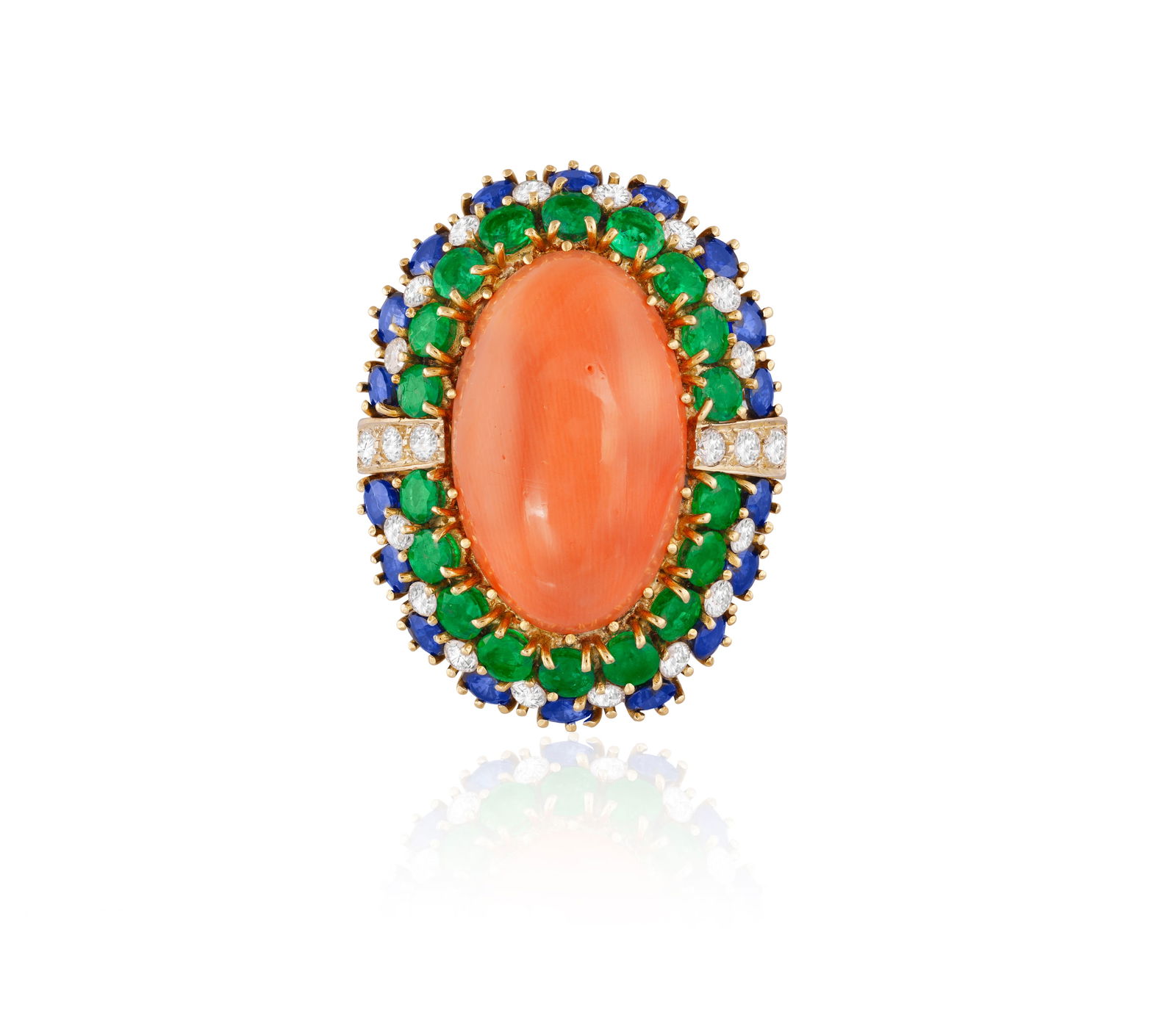 A GEM-SET, CORAL AND DIAMOND COCKTAIL RING * one oval-shaped coral cabochon, approx. 24x15mm * (1 of 3)