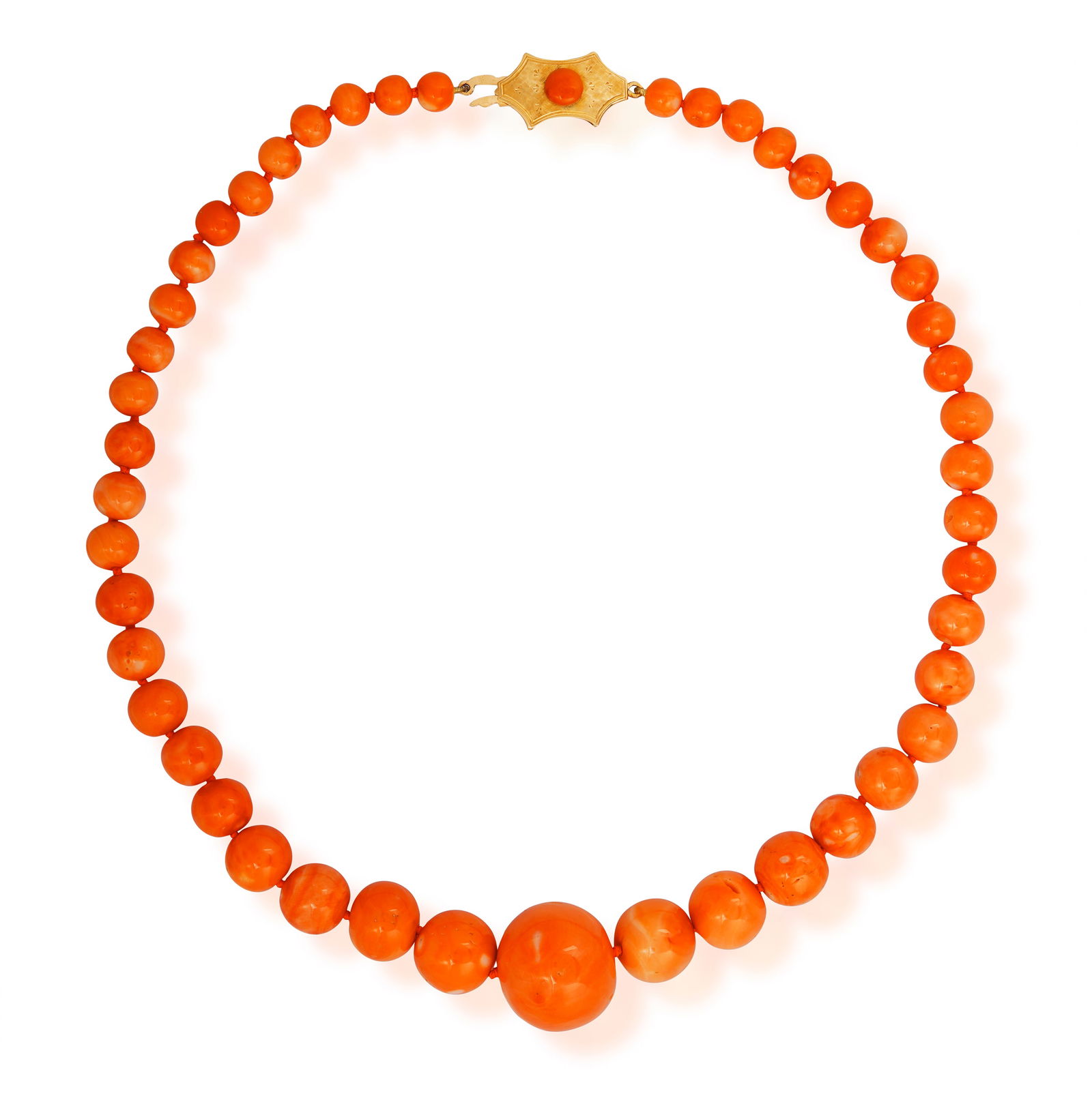 A CORAL BEAD NECKLACE * graduated round-shaped coral beads * clasp in 18K gold * length 52cm (1 of 3)